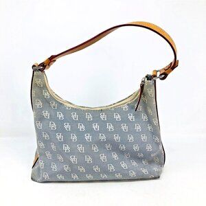 Dooney & Bourke Purse Gray Canvas Handbag Tan Leather Shoulder Strap Hobo Bag